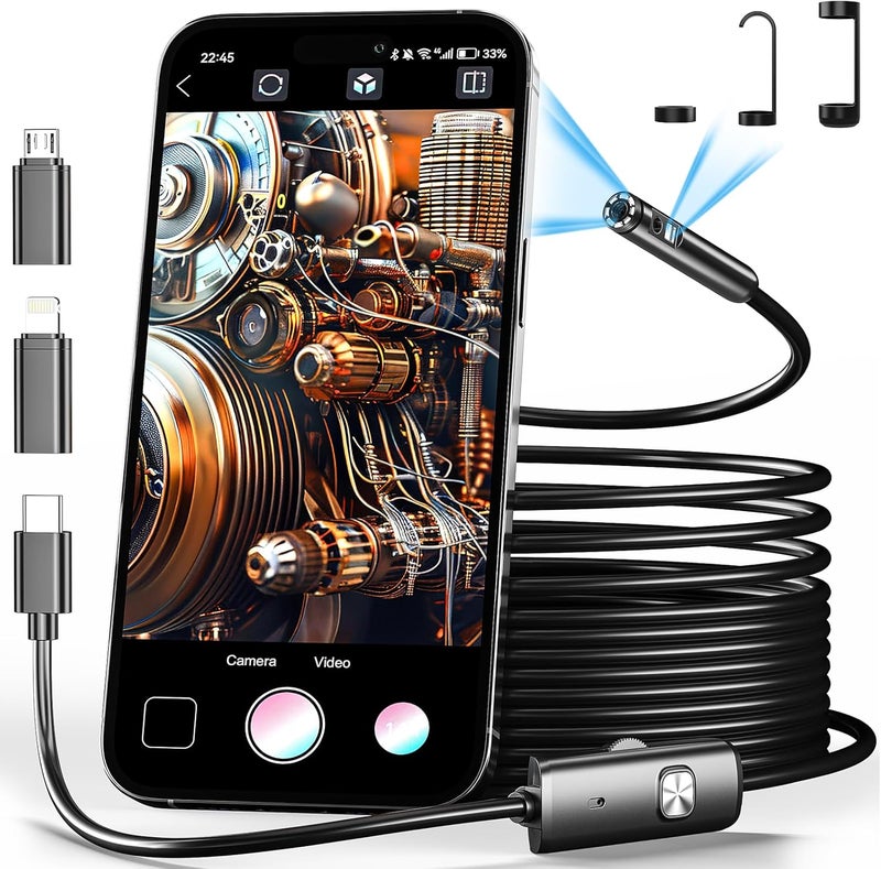 CARPDIM Dual Lens Endoscope Borescope Inspection Camera with 8 Adjustable LED Lights - 1980P Endoscope Camera with 16.5ft Semi Rigid Snake - IP68 Waterproof for iPhone, iPad, Android - Image 1